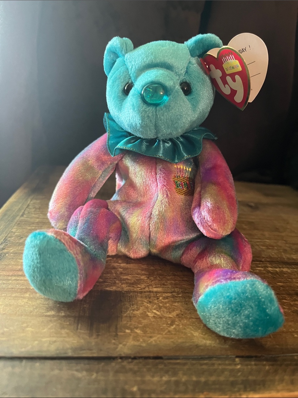Ty December Birthday Beanie Baby Teal & Rainbow Plush Bear with Satin Collar